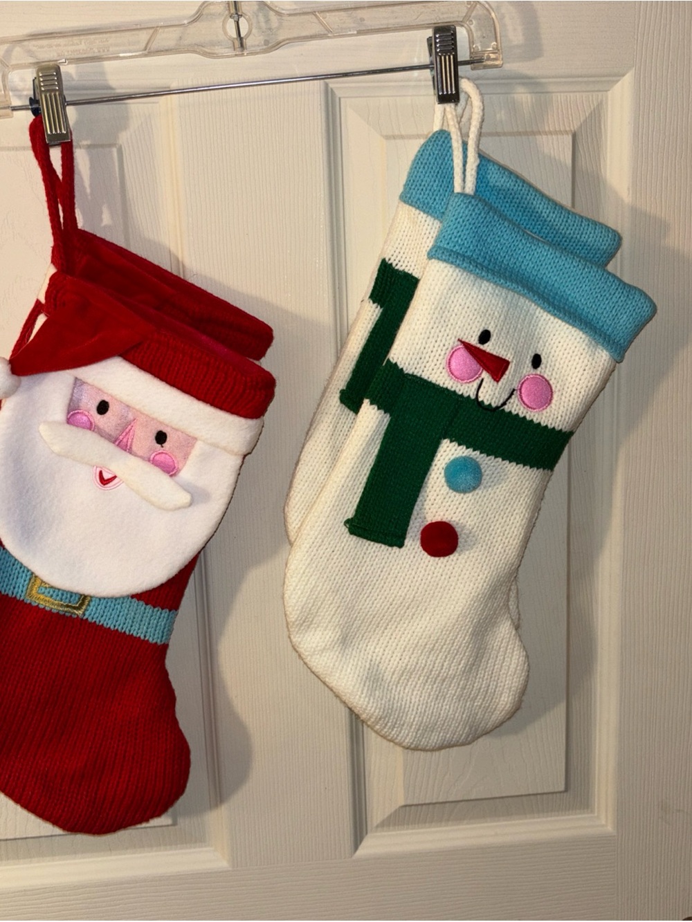 Holiday Knit Snowman and Santa Stockings - White, Red, Blue